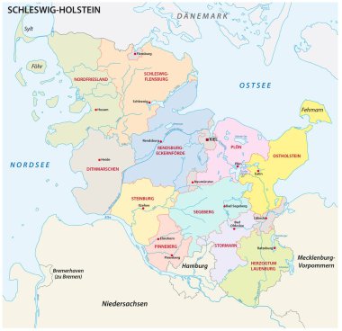 Almanca'nın kuzeyinde Schleswig-Holstein idari ve siyasi harita