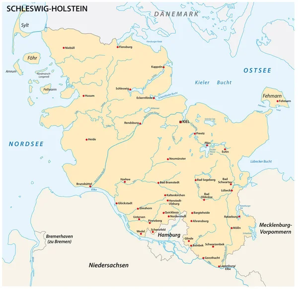 Χάρτης του κράτους Schleswig-Holstein, με τις πιο σημαντικές πόλεις — Διανυσματικό Αρχείο