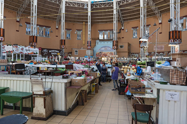 Sales booths in the Bessarabska market hall in Kiev, Ukraine