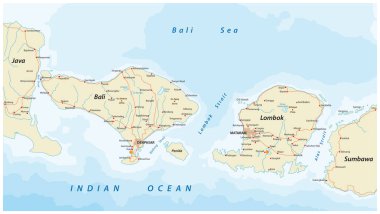 Vector road map of Indonesian Lesser Sunda Islands Bali and Lombok clipart