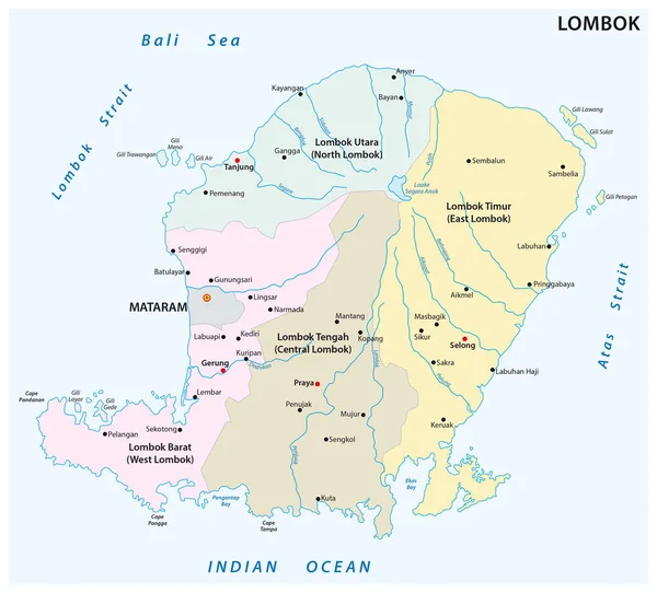 Lombok mapa administrativo e político, Indonésia —  Vetores de Stock