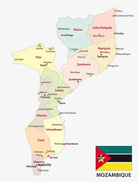 Moçambique Mapa Vetorial Administrativo Político Com Bandeira — Vetor de Stock