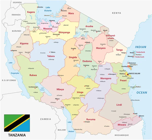 Tansania Administrative Und Politische Vektorkarte Mit Flagge — Stockvektor
