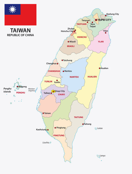 Taiwan administrativ and political map with flag
