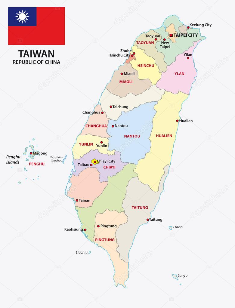 Taiwan administrativ and political map with flag