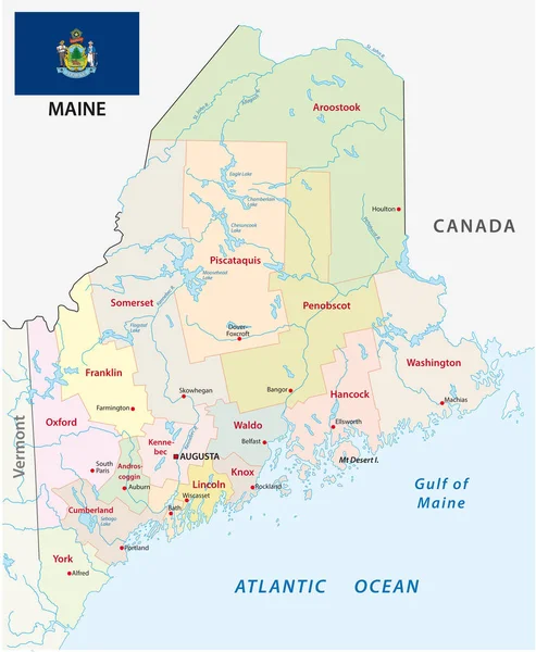 Maine Administratieve Politieke Vectorkaart Met Vlag — Stockvector