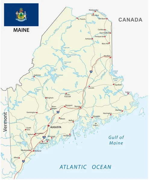 Maine Mapa Vectores Carreteras Con Bandera — Vector de stock