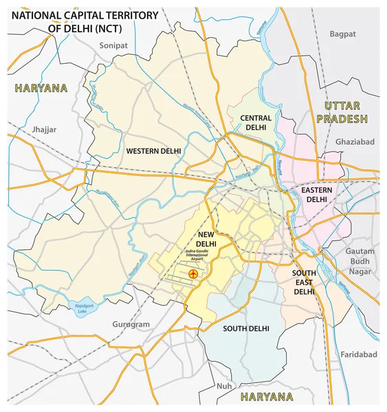 Mappa Amministrativa Politica Stradale Del Territorio Nazionale Della Capitale Delhi — Vettoriale Stock
