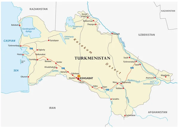 Turkmenistan Road Vektor Karta Med Viktiga Städer — Stock vektor