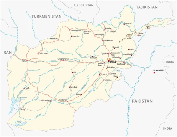 Afeganistão Mapa Estradas Vetoriais Com Cidades Importantes —  Vetores de Stock