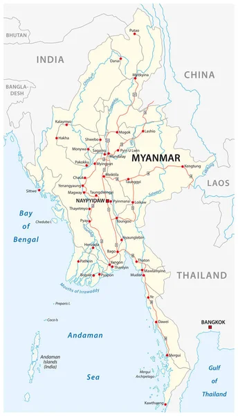 ミャンマー ベクトル道路地図と主要都市 — ストックベクタ
