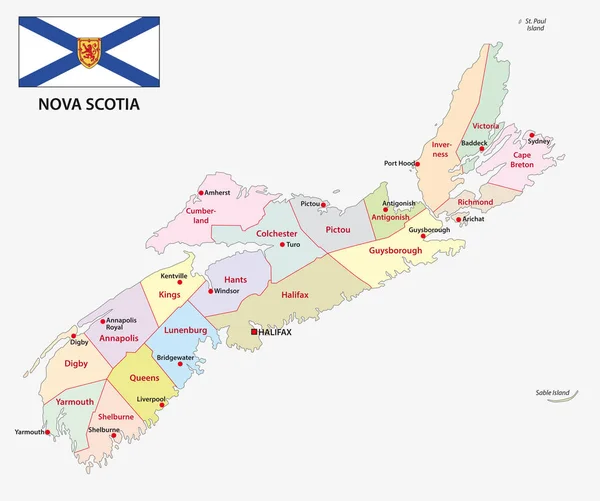 Nova Scotia Mapa Vectorial Administrativo Político Con Bandera — Vector de stock