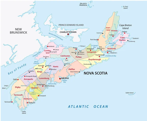 Nova Scotia Hartă Vectorială Administrativă Politică — Vector de stoc