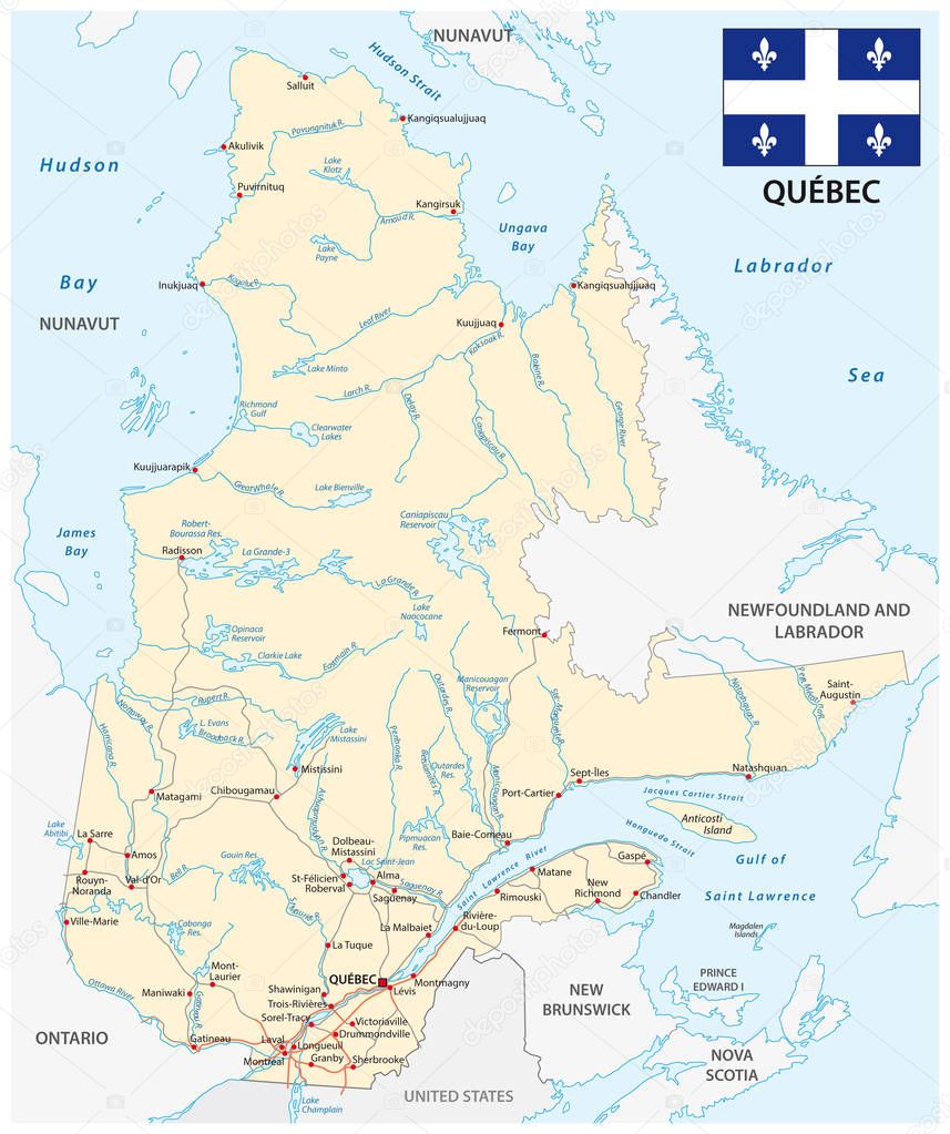 Province quebec road vector map with flag