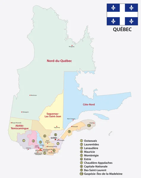 省魁北克行政和政治媒介地图与旗子 — 图库矢量图片