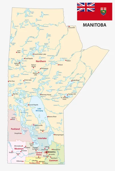 Provincia Manitoba Mapa Administrativo Político Con Bandera — Vector de stock