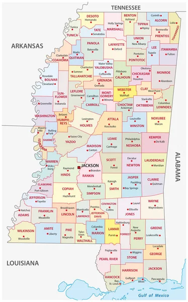 Mississippi Mapa Vectorial Administrativo Político — Vector de stock