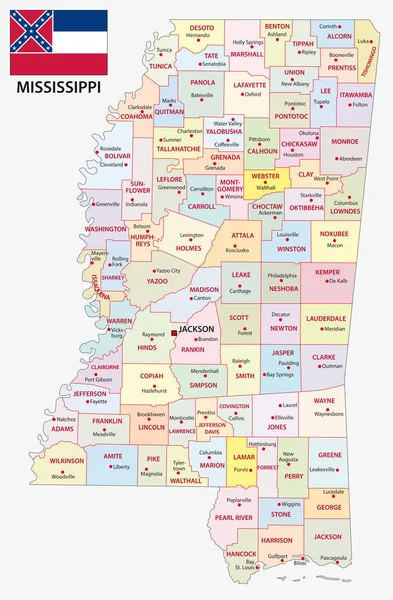 Mississippi Administratieve Politieke Vector Kaart Met Vlag — Stockvector