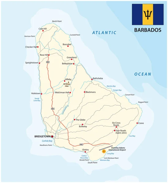 Mapa Vectorial Carretera Barbados Con Bandera — Vector de stock