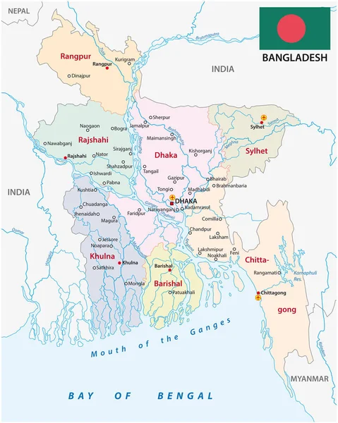Bangladesh Mapa Vectorial Administrativo Político Con Bandera — Archivo Imágenes Vectoriales