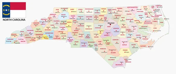 Norte Carolina Mapa Vectorial Administrativo Político Con Bandera — Vector de stock