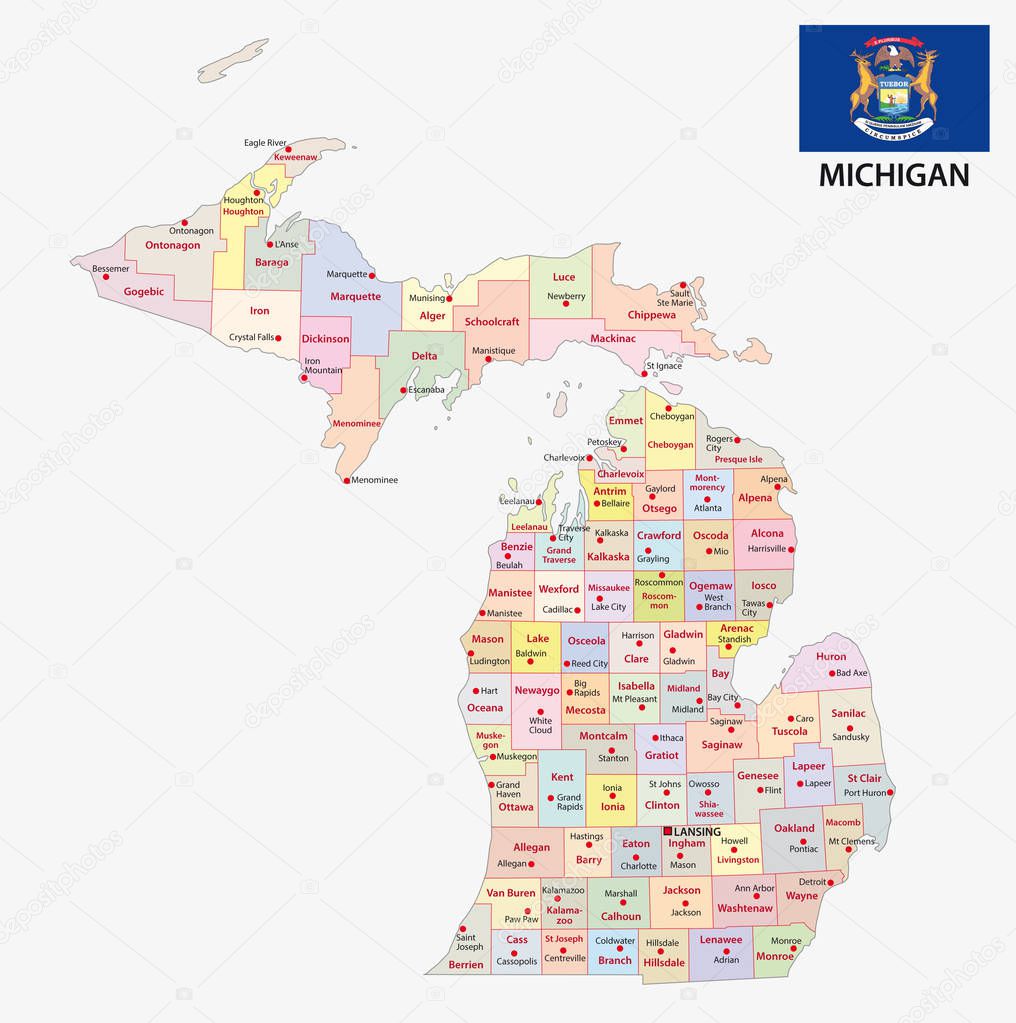 michigan administrative and political vector map with flag