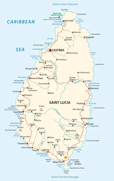 Saint Lucia Yol Plaj Vektör Harita — Stok Vektör