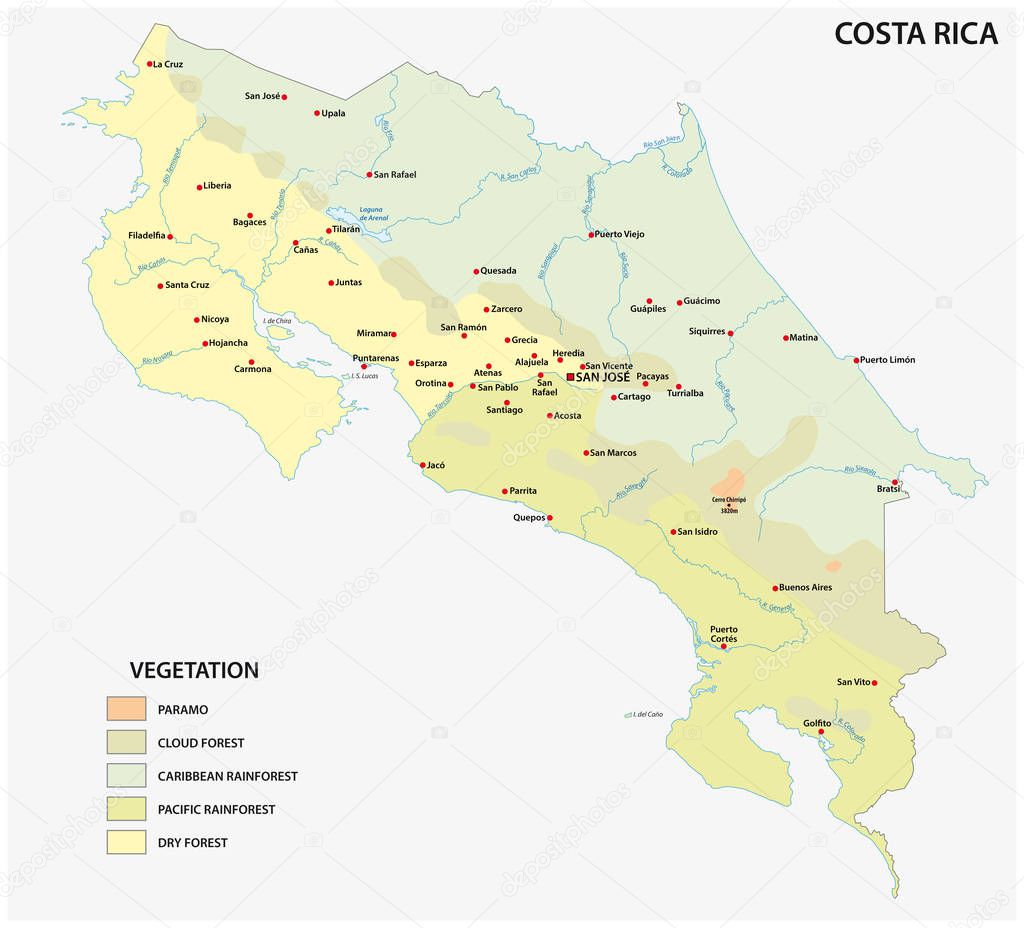  vegetation vector map of Costa Rica country with important cities