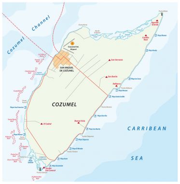 Cozumel plaj ve yol vektör harita, Meksika