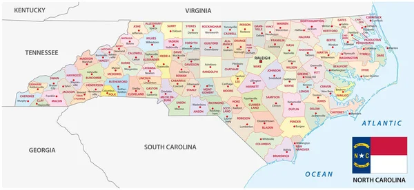 Norte Carolina Mapa Vectorial Administrativo Político Con Bandera — Archivo Imágenes Vectoriales