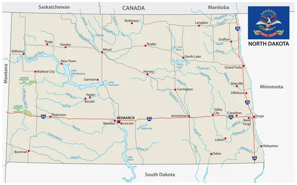 Carte Vectorielle Routière Dakota Nord Avec Drapeau — Image vectorielle