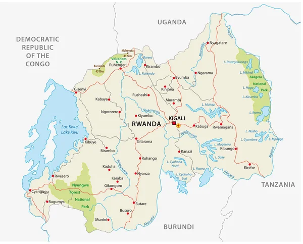 Rwanda Silniční Národní Park Vektorová Mapa — Stockový vektor