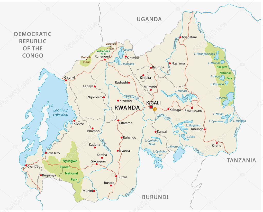 rwanda road and national park vector map