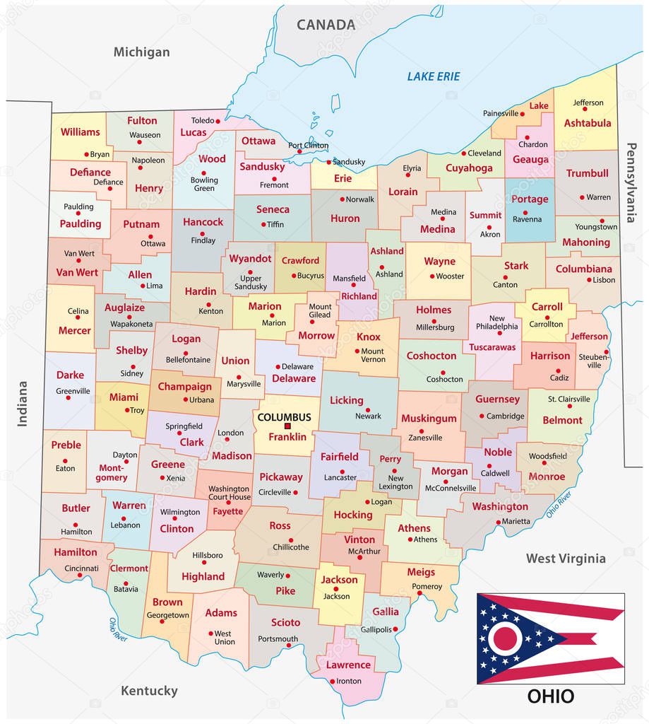 Ohio administrative and political vector map with flag