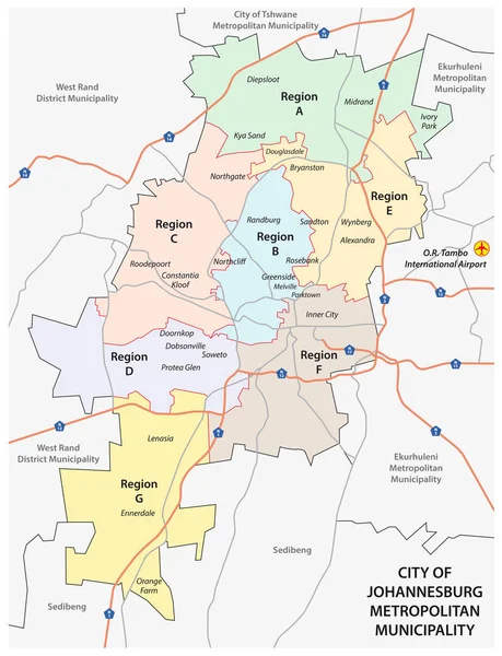 ヨハネスブルグ市都市圏道路 行政や政治のベクトル地図 — ストックベクタ