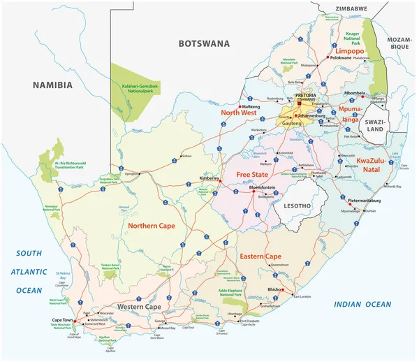 Zuid Afrika Road Administratieve Politieke Vector Kaart — Stockvector