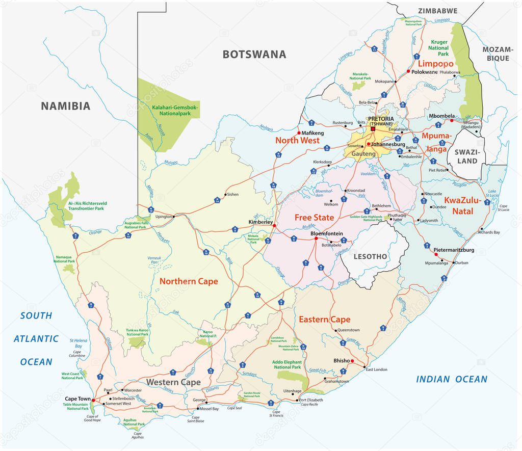south africa road, administrative and political vector map