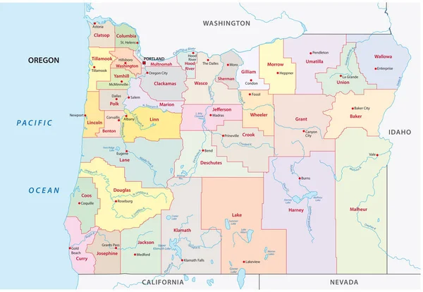 俄勒冈行政和政治媒介地图 — 图库矢量图片