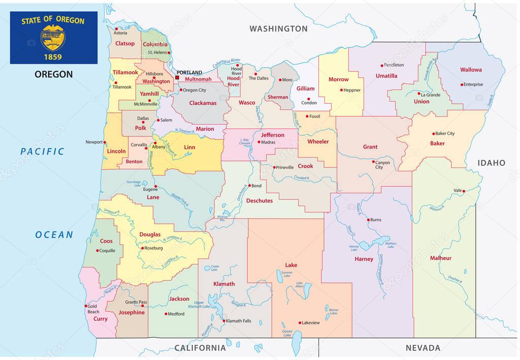 oregon administrative and political map with flag