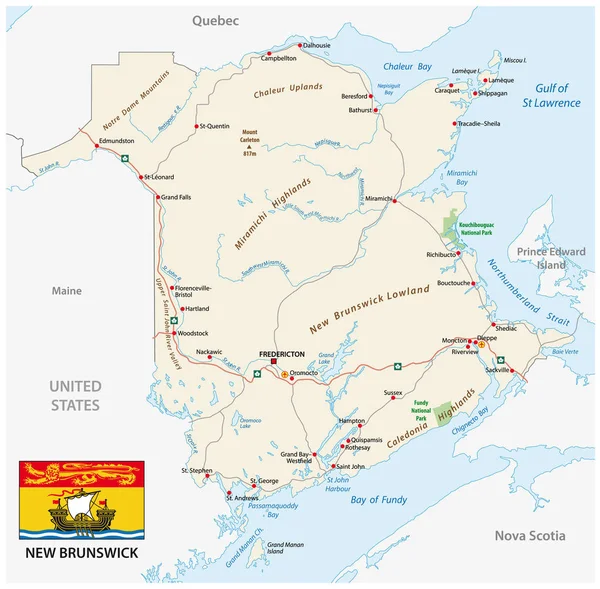 Hoja Ruta Con Bandera Provincia Atlántica Canadá Nuevo Brunswick — Archivo Imágenes Vectoriales