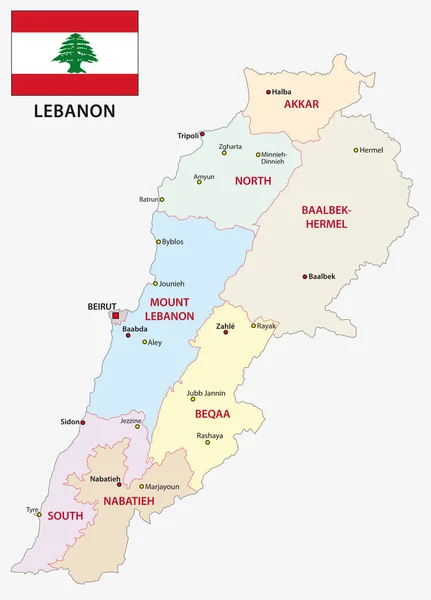 Mapa Wektor Administracyjnych Politycznych Libanu Flagą — Wektor stockowy