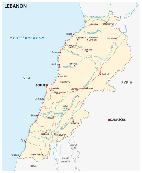Roads vector map of the Lebanese republic with flag