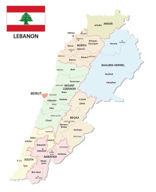Detaylı Lübnan idari ve siyasi vektör harita bayrak ile