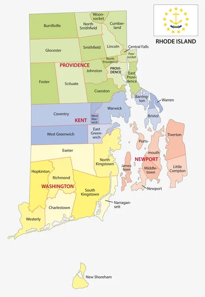 Rhode Island Kraj Město Vektorová Mapa Vlajkou — Stockový vektor