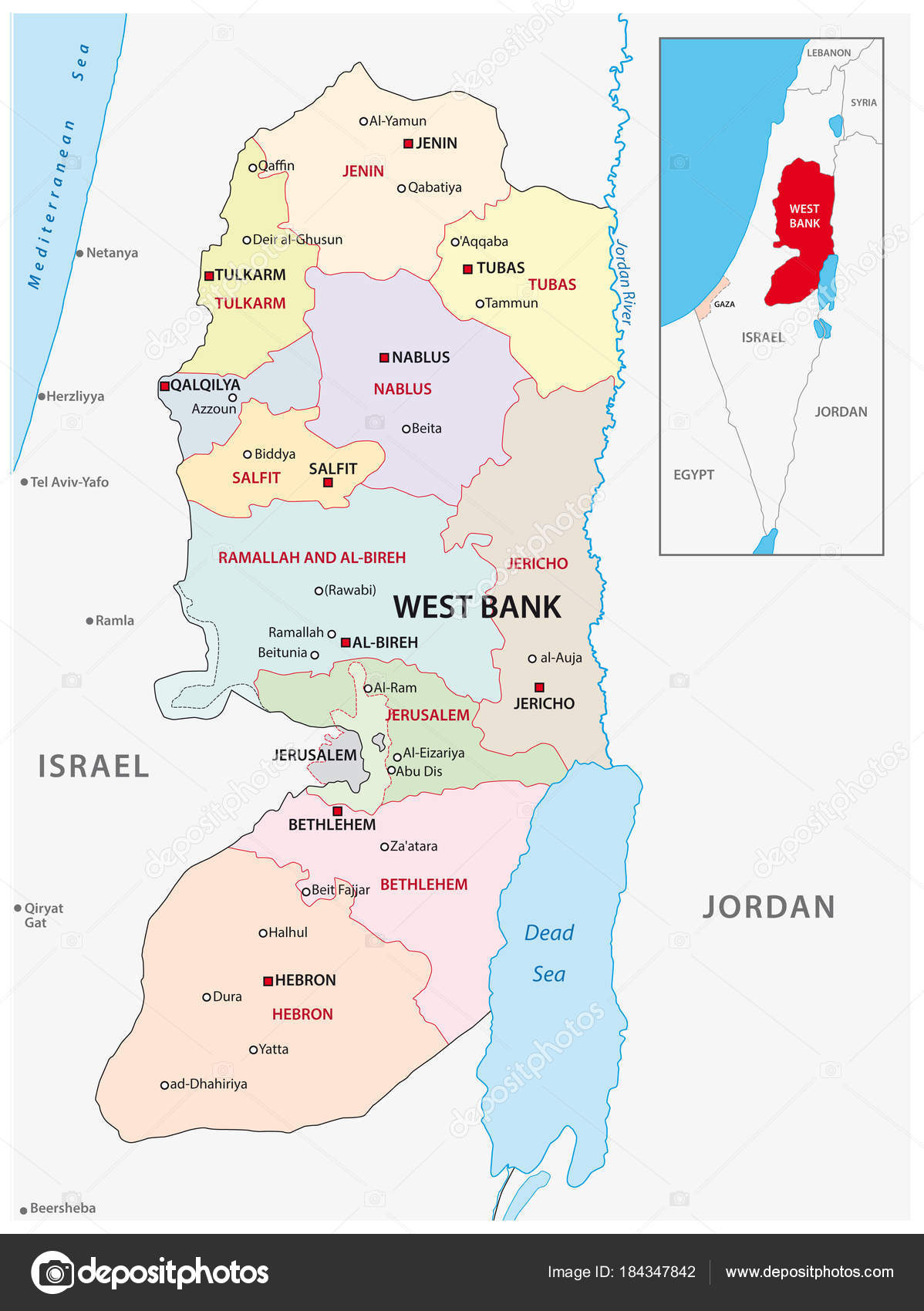 West Bank Administrative Political Vector Map — Stock Vector