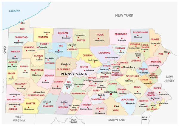 Mapa Vectorial Administrativo Político Pennsylvania — Archivo Imágenes Vectoriales