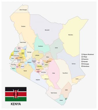 Kenya Cumhuriyeti bayrağı ile idari ve siyasi vektör harita