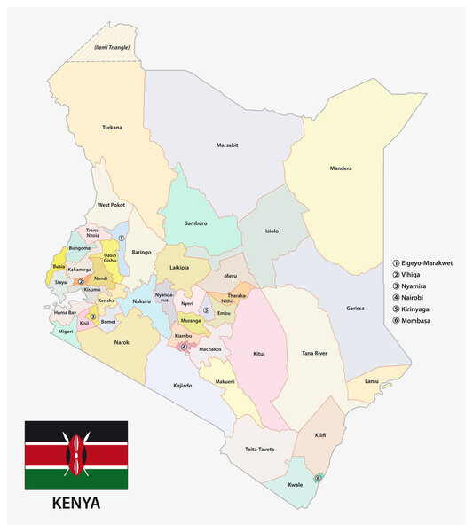 Административно-политическая векторная карта Республики Кения с флагом

