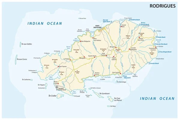 Rodrigues Isola Strada Spiaggia Vettoriale Mappa — Vettoriale Stock