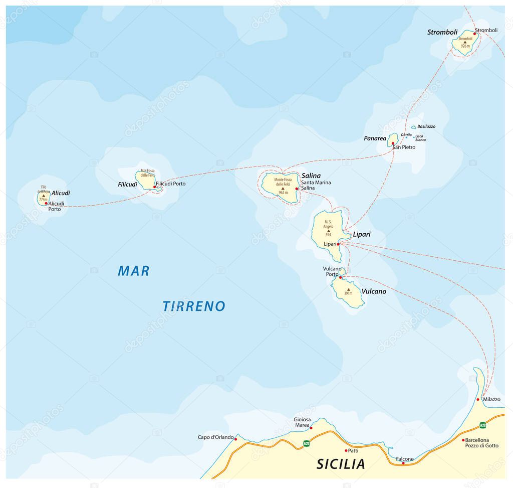 Map of the Italian island group Aeolian Islands in the Tyrrhenian Sea